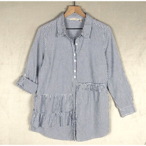 SOFT SURROUNDINGS 100% Cotton Ruffle Tunic Sz L Blue Stripe Roll Tab Boho‎ Top